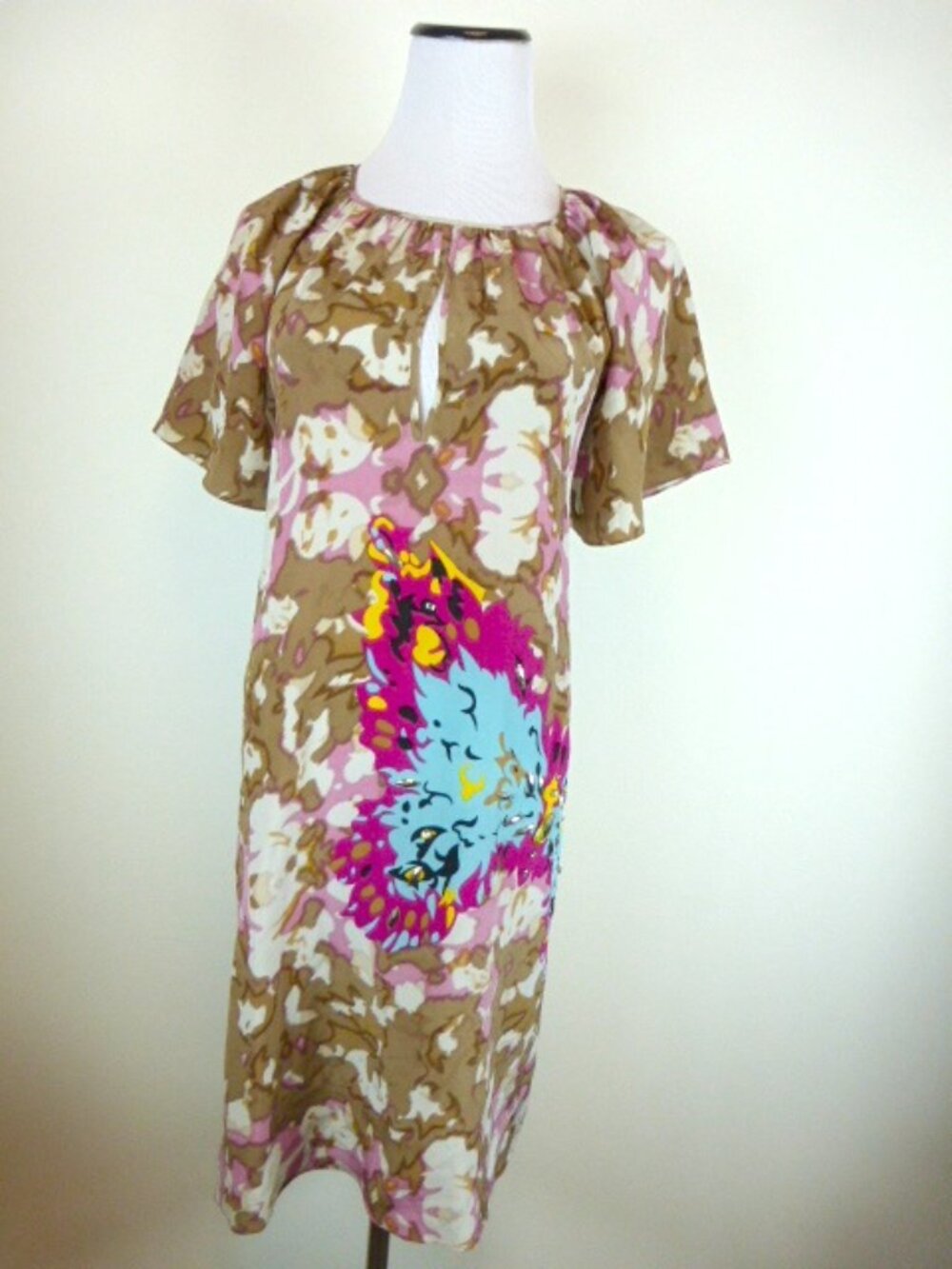 MEGHAN BUTTERFLY anthropologie pink tan abstract print OPEN BACK SILK Dress 4